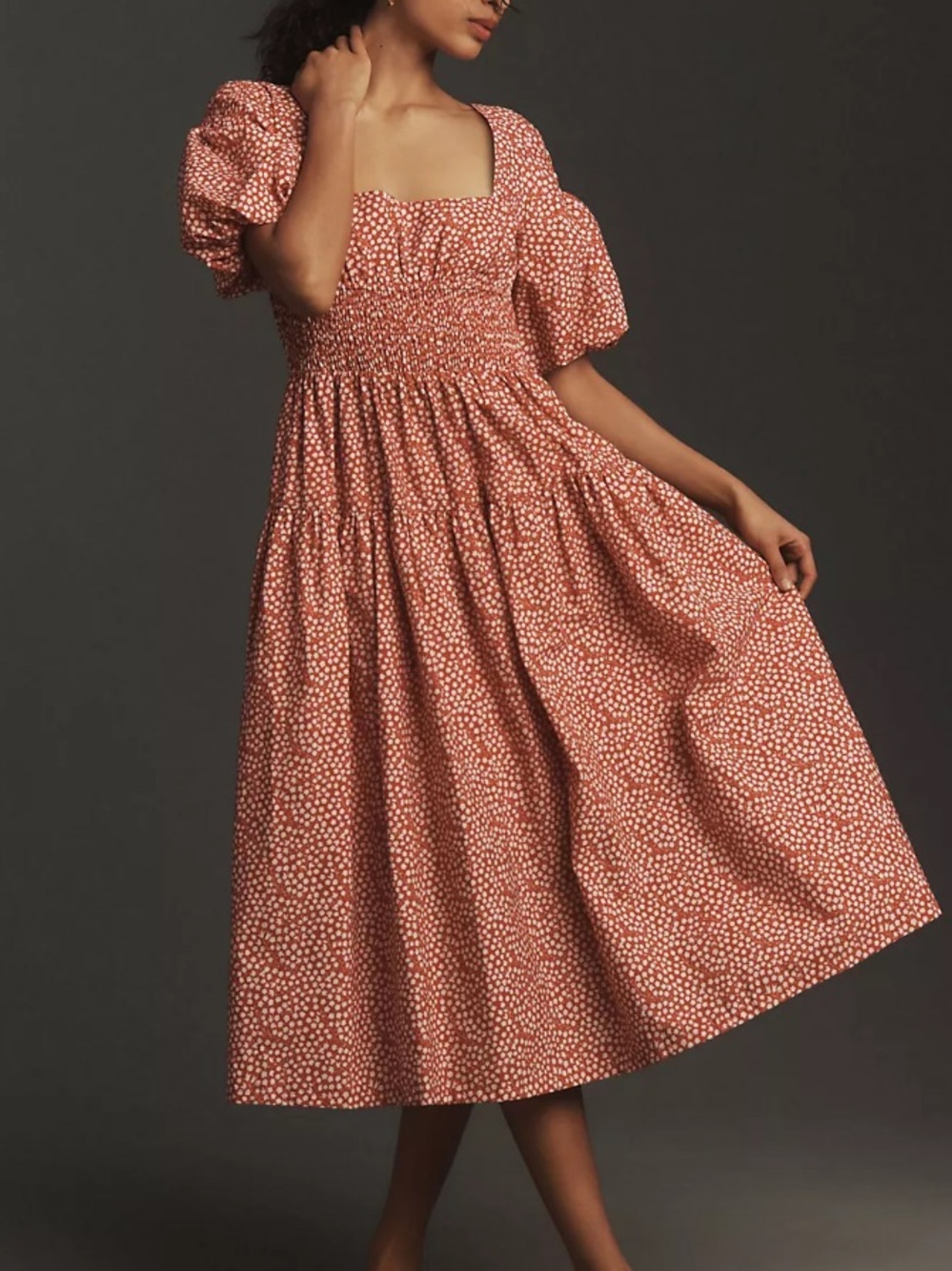 Anthropologie Puff Sleeve Smocked Poplin Midi Dress
